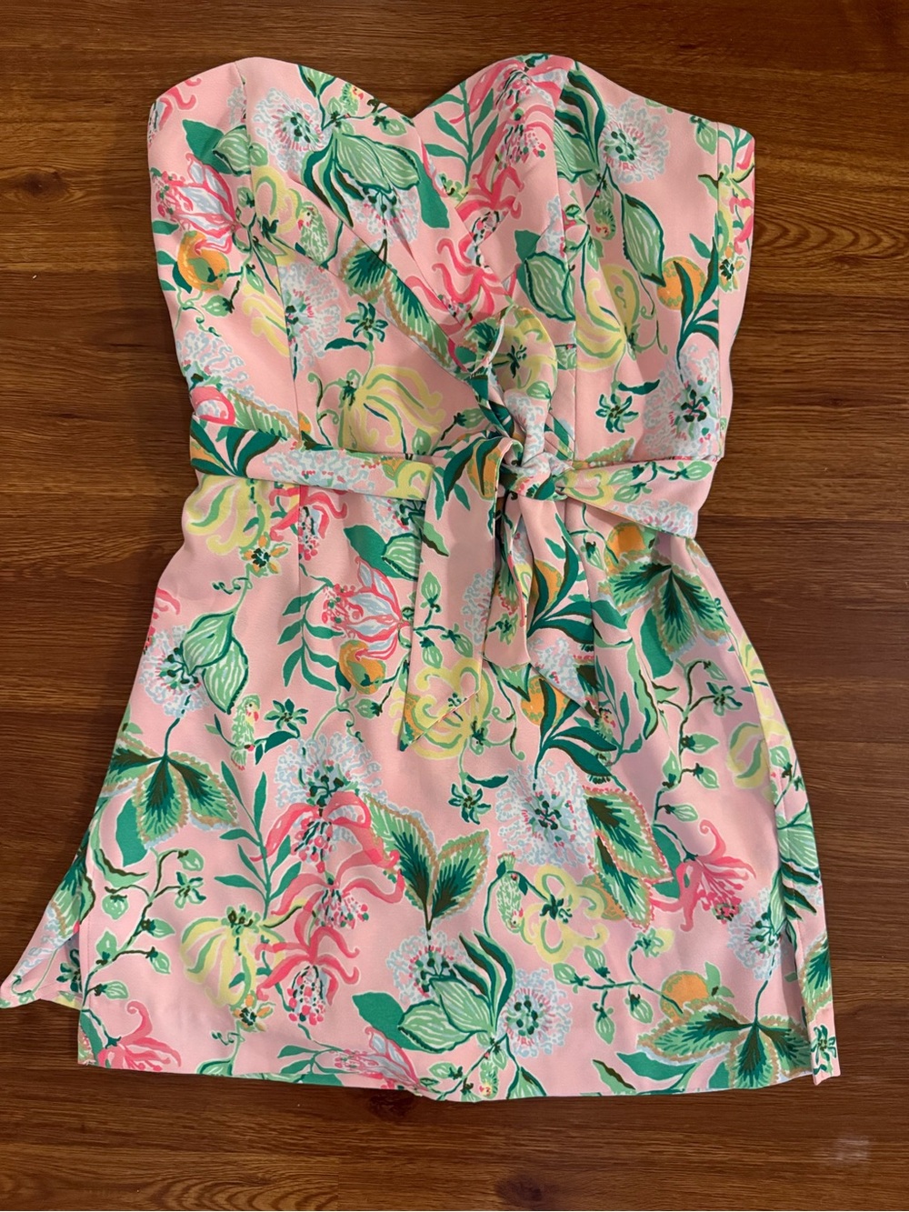 Lilly Pulitzer Pink Floral Strapless Romper with Green Accents
